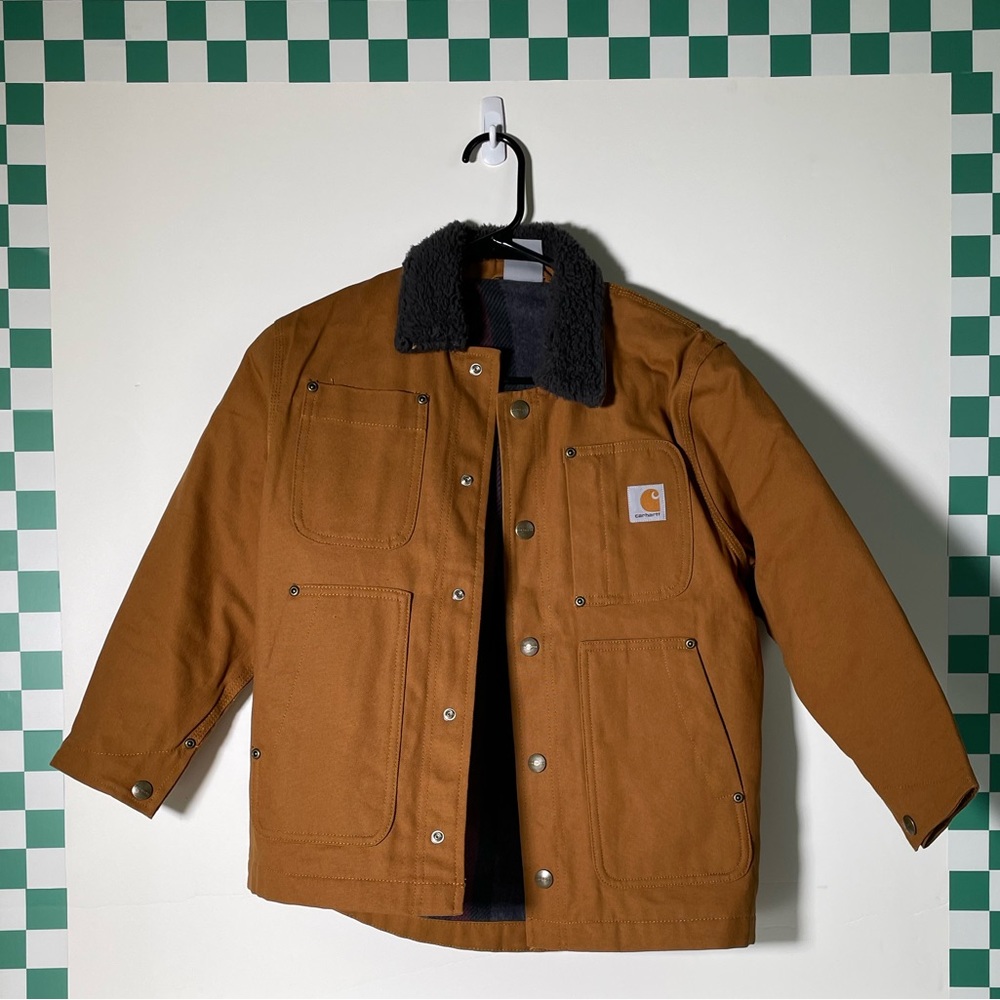 Carhartt Brown Demin Button up with brown teddy collar (Size: Small Yout…